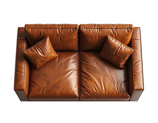 Top-down, tan leather sofa with pillows on black