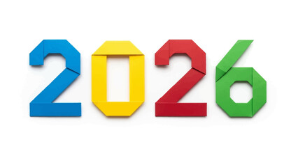 Vision of 2026: A vibrant and colorful display of the year 2026 constructed from geometric shapes, symbolizing a vision for the future, new beginnings and the promise of the coming year.