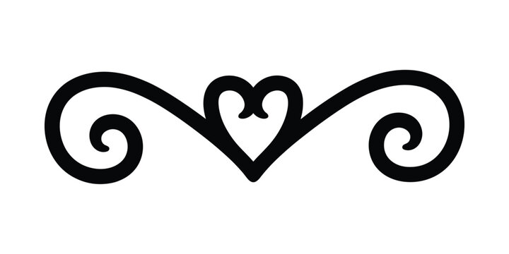 Simple black divider with heart shape. Elegant scroll decoration element and flourish