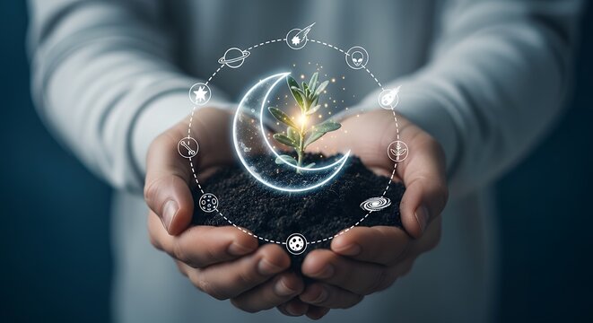 Hands holding a glowing crescent moon and a small plant, symbolizing growth and spiritual connection.