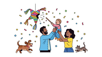 Festive Family Celebration: A joyful family celebrates a special occasion, with a baby playfully interacting with a colorful pinata, surrounded by confetti and animated pets.