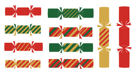 Collection of traditional christmas crackers in red green and gold with diagonal stripes and bows