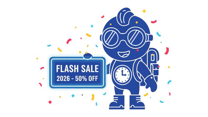 Flash Sale Promotion: A vibrant digital illustration of a charming character proudly presents a Flash Sale sign, promoting an exciting 2026 discount, creating visual appeal and marketing opportunity.