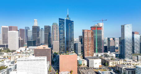 Naklejka premium Los Angeles panoramic photo of downtown. LA skyline. Los Angeles financial district with skyscrapers. Aerial panorama of Los Angeles city.