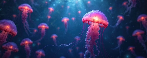 Many glowing purple jellyfish drift in dark ocean depths. Bioluminescent marine animals float gently through the deep blue water creating an ethereal underwater spectacle and natural light show.