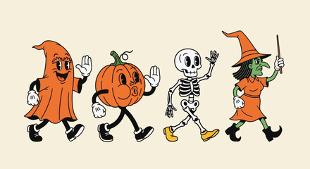 Whimsical Halloween procession featuring a friendly ghost, a walking pumpkin, a cheerful skeleton, and a classic witch in a vintage animation style