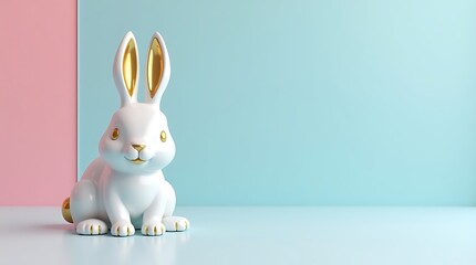 Ultra-sharp focus, 8K resolution minimalist composition for luxury Easter advertisement: A polished white marble Easter bunny figure with gold trim, dramatically lit on a pastel blue and pink gradient