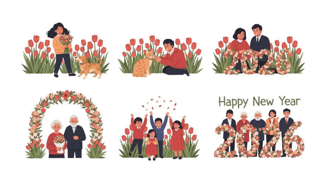 New year's celebration: Various scenes of happy people celebrating new year surrounded by flower with joyful expressions and togetherness.