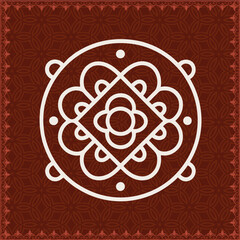 Intricate White Tamil Kolam Mandala on Decorative Red Patterned Background Elegant Indian Tamil with Ornamental Border on Red Patterned Surface 