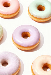Colorful mochi donuts with glossy pastel icing arranged aesthetically