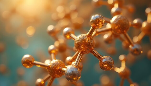 Close up of saturated fat molecules. Atoms connect forming chemical bonds. Dietary lipids structure with orange glow. Science research for nutrition and health.