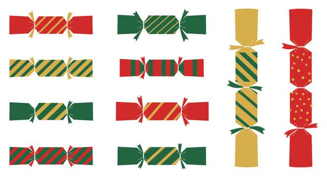 Collection of traditional christmas crackers in festive red green and gold colors arranged in rows