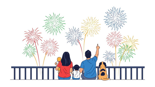 Family Fireworks Display: A family united, watching colorful fireworks light up the night sky, their backs turned to the viewer, fostering a sense of shared wonder and togetherness.