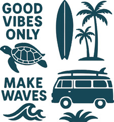 Good Vibes Surf Vector Set with Waves, Palms and Quotes