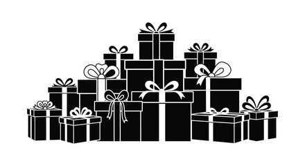 A large pile of black and white gift boxes with ribbons and bows for celebrations and holidays