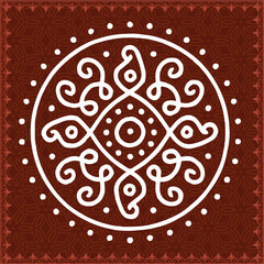 Intricate White Tamil Kolam Mandala on Decorative Red Patterned Background Elegant Indian Tamil with Ornamental Border on Red Patterned Surface 