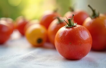 Ripe red and yellow tomatoes rest on white cloth. Fresh organic fruits are ready for healthy meal preparation. Sunlight highlights vibrant produce for cooking. Garden harvest for delicious salad.