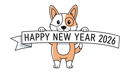Happy New Year 2026: Festive illustration of a cute corgi holding a banner, a joyful depiction of the upcoming New Year celebration