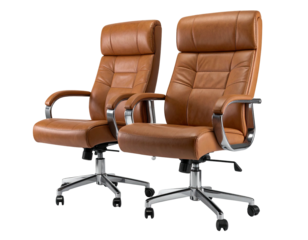 Two tan leather office chairs with chrome bases