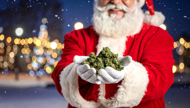Santa Claus holding cannabis buds, Christmas holiday concept