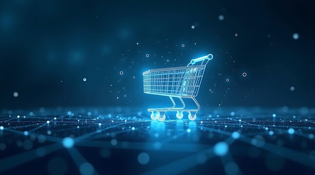 Unique high-resolution digital marketing concept: AI brain cluster optimizing personalized marketing routes via light and data streams flowing to a holographic shopping cart against a digital nebula.