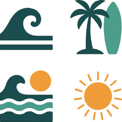 Boho Surf Culture Elements with Palms, Waves and Camper Van