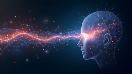 A stunning digital illustration of generative AI in action: Glowing 3D neural network pathways transforming digital inspiration into tangible brushstrokes, creating a complete landscape painting.