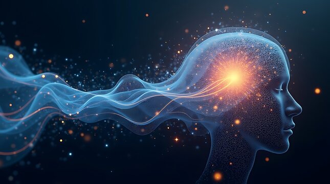 Conceptual high resolution digital illustration depicting a generative AI's internal process: A complex 3D neural network with glowing pathways forming beautiful brushstrokes and a serene landscape.