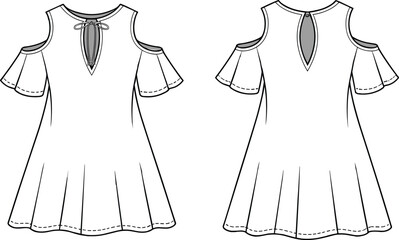Women’s cold shoulder dress CAD flat sketch, flare dress vector illustration, fashion technical drawing, apparel design template, garment mockup