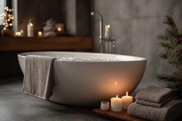 A peaceful spa-like setting featuring a luxurious bath, glowing candles, organic cosmetics, fluffy towels, and decorative pine branches, perfect for unwinding before the holidays