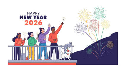 New Year Celebration in 2026: Friends on a balcony celebrating new year's with sparklers and fireworks, embodying the joyous spirit of a fresh start in 2026.