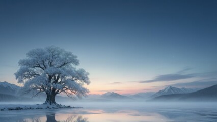 雪と氷に覆われた湖畔に立つ一本の木、幻想的な冬の夜明け