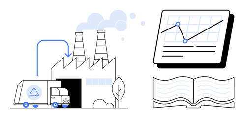 Factory processing waste with recycling truck, emitting smoke. Chart showing data trends, open book. Ideal for sustainability, industry, analytics, research data trends education workflow. Simple