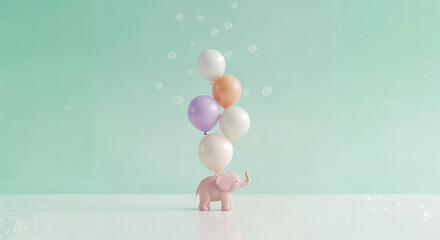 A cute pink elephant balancing a stack of colorful balloons on its head