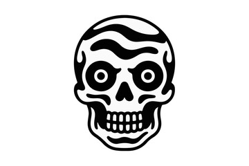 A stark black and white illustration of a skull, featuring distinctive wavy lines across its forehead and expressive, wide-open eyes, with a detailed representation of teeth
