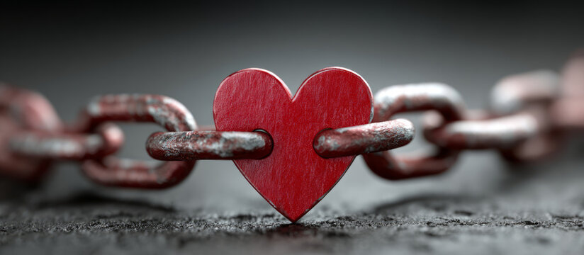Red heart chain link love metal connection bond concept emotion