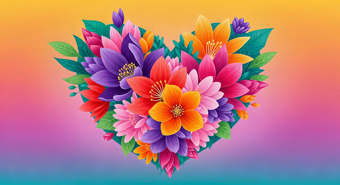 Vibrant heart shape floral arrangement with colorful blooming flowers and green leaf on gradient background