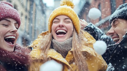Cheerful young friends laughing and playing with snow in a lively winter city scene