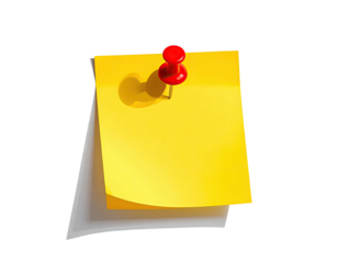 Yellow sticky note pinned with a red pushpin