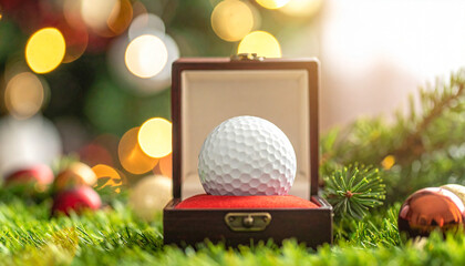 Golf ball in a gift box with Christmas decorations and bokeh lights