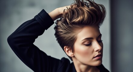 Fototapeta premium Stylish caucasian female with short modern hairstyle and black jacket