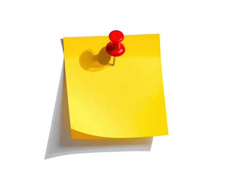 Yellow sticky note pinned with a red pushpin