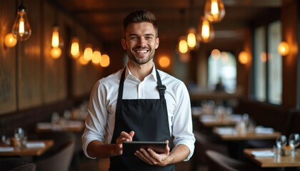 Smiling waiter uses tablet computer in modern restaurant interior. Male server with apron checks orders at tables. Focused man works in upscale dining establishment.
