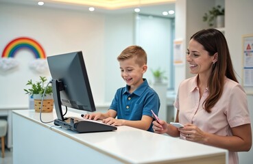 Mother and son at dental office reception. Boy uses computer at front desk. Woman holds phone and pen, interacts with staff. Friendly healthcare service.