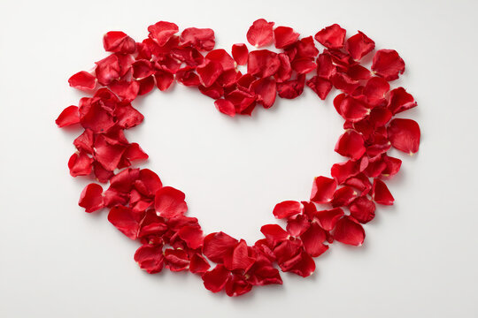Romantic heart shape red rose petals love symbol on white background