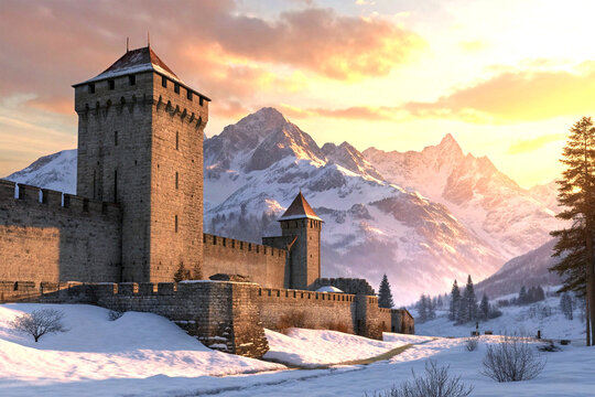 Medieval fortress with mountains at golden sunset - Powered by Adobe
