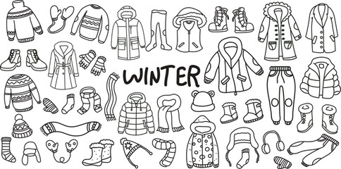 Hand-drawn winter clothes set doodle illustration. Cozy jackets, sweaters, scarves, hats, and boots doodle collection perfect for seasonal fashion design, pattern, or holiday decoration projects.