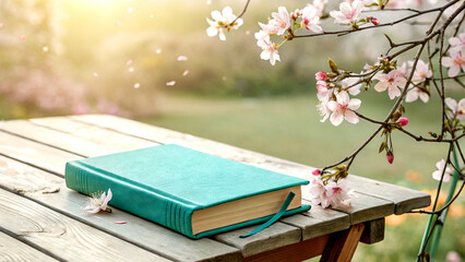 Turquoise book on wooden table with floral background