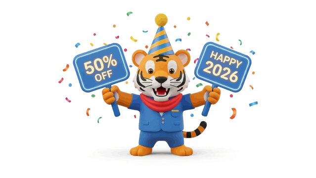 Festive Tiger's New Year Offer: A charming cartoon tiger mascot announces a limited-time 50% discount for New Year 2026, surrounded by confetti, creating a fun, celebratory vibe.