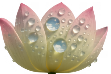 Lotus flower petals showing sky reflection in water drops, symbolizing purity, peace, and harmony on transparent background